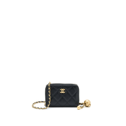 Chanel 22C Pearl Crush Card holder With Chain Lambskin Black