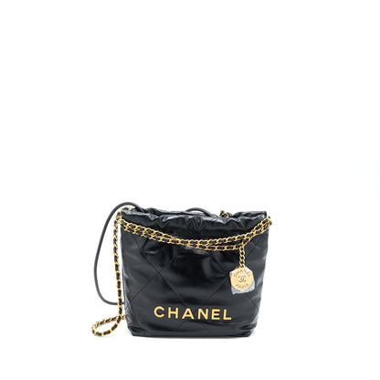 Chanel Mini 22 Bag Shiny Calfskin Black Brushed  (Microchip)