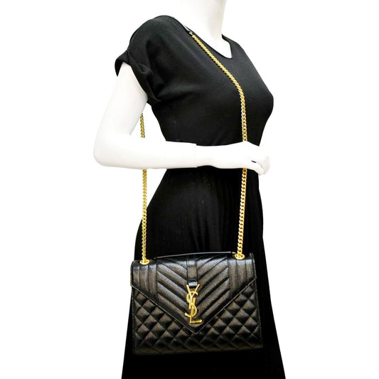 YVES SAINT LAURENT Medium Envelope Leather Chain Shoulder Bag Black
