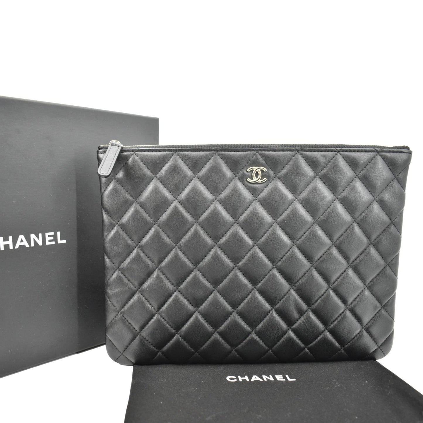 CHANEL O-Case Quilted Lambskin Leather Zip Pouch Black