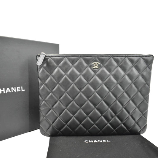CHANEL O-Case Quilted Lambskin Leather Zip Pouch Black