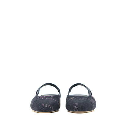 Chanel Size 36.5C Sling Back Flap Shoes Denim/ Leather Black