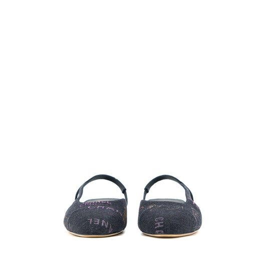 Chanel Size 36.5C Sling Back Flap Shoes Denim/ Leather Black