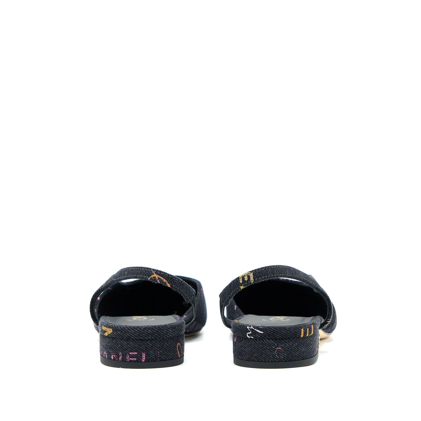 Chanel Size 36.5C Sling Back Flap Shoes Denim/ Leather Black