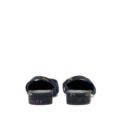 Chanel Size 36.5C Sling Back Flap Shoes Denim/ Leather Black