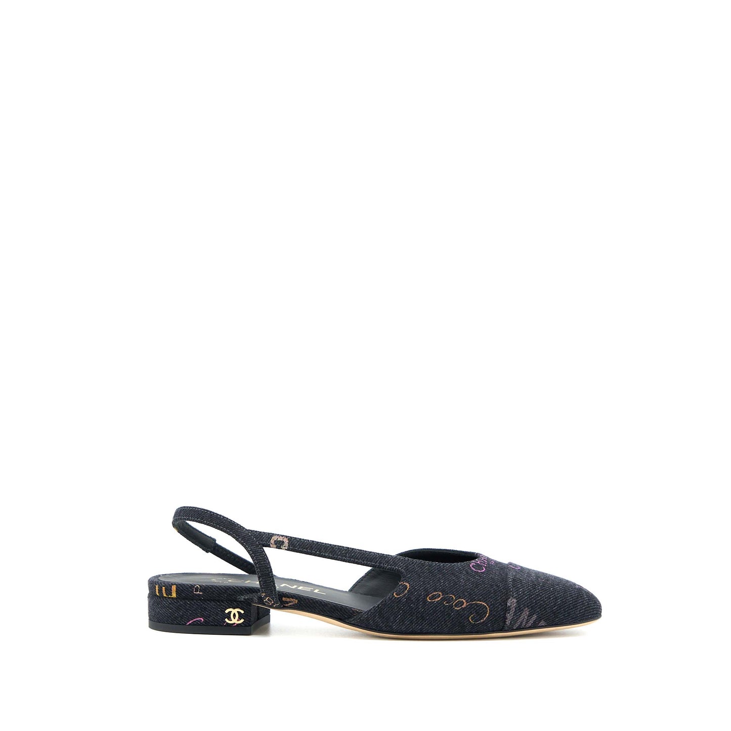 Chanel Size 36.5C Sling Back Flap Shoes Denim/ Leather Black