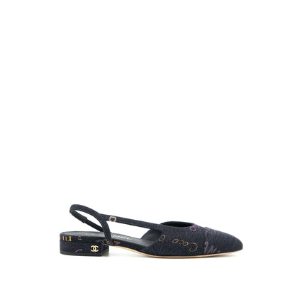 Chanel Size 36.5C Sling Back Flap Shoes Denim/ Leather Black