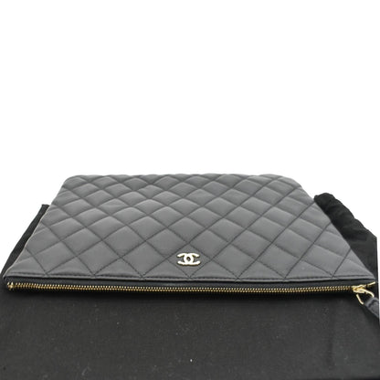 CHANEL O-Case Quilted Lambskin Leather Zip Pouch Black