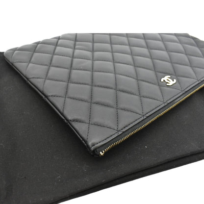 CHANEL O-Case Quilted Lambskin Leather Zip Pouch Black