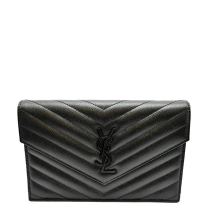 YVES SAINT LAURENT Cassandre Grain De Poudre Embossed Leather Chain Envelope Bag Black