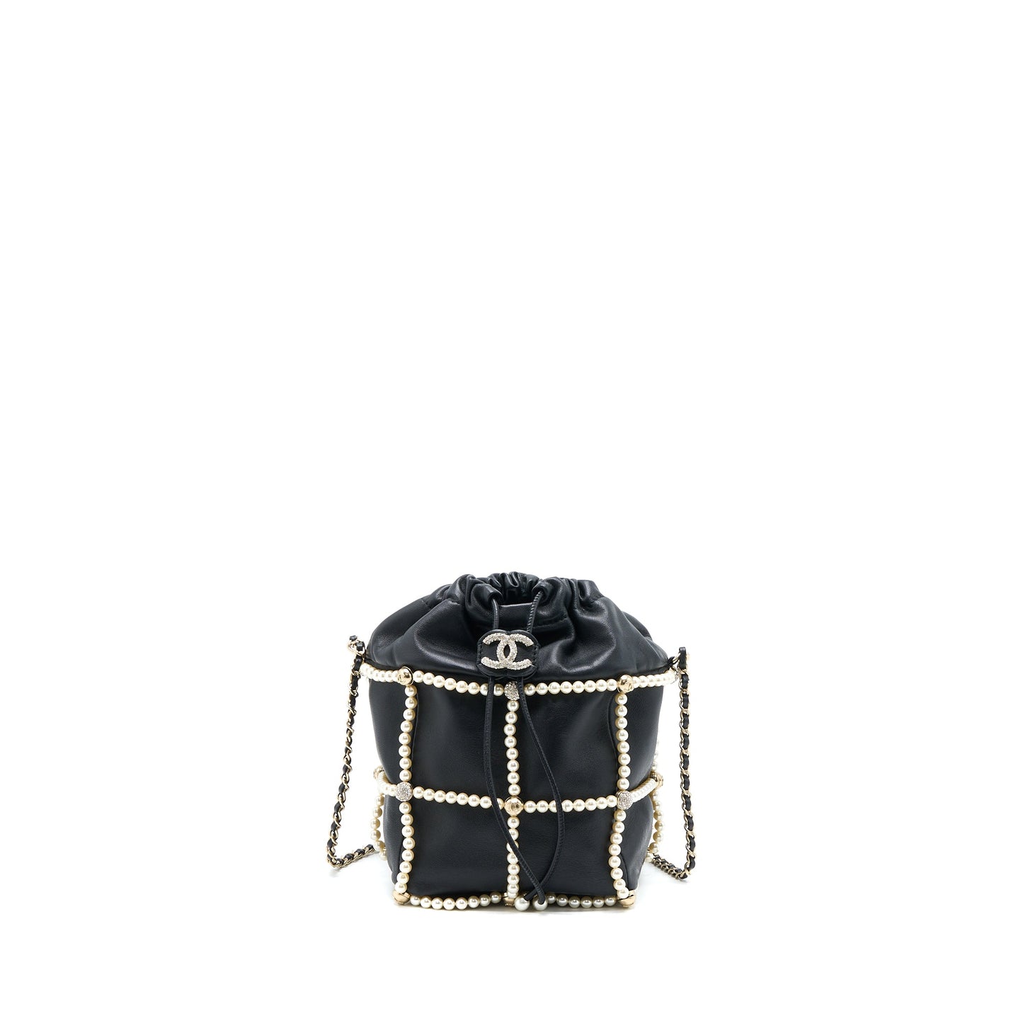 Chanel Bucket Crystal CC Logo Pearl Chain Bag Lambskin Black