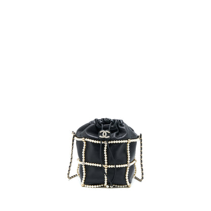 Chanel Bucket Crystal CC Logo Pearl Chain Bag Lambskin Black