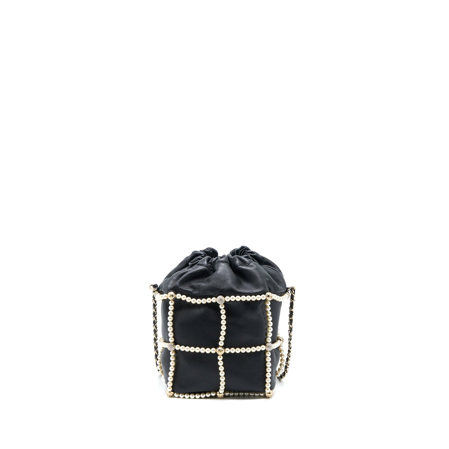Chanel Bucket Crystal CC Logo Pearl Chain Bag Lambskin Black