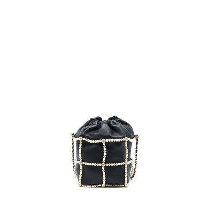 Chanel Bucket Crystal CC Logo Pearl Chain Bag Lambskin Black