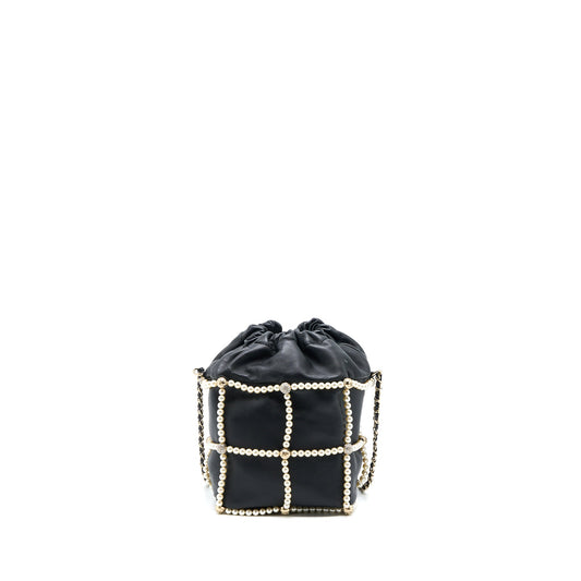 Chanel Bucket Crystal CC Logo Pearl Chain Bag Lambskin Black
