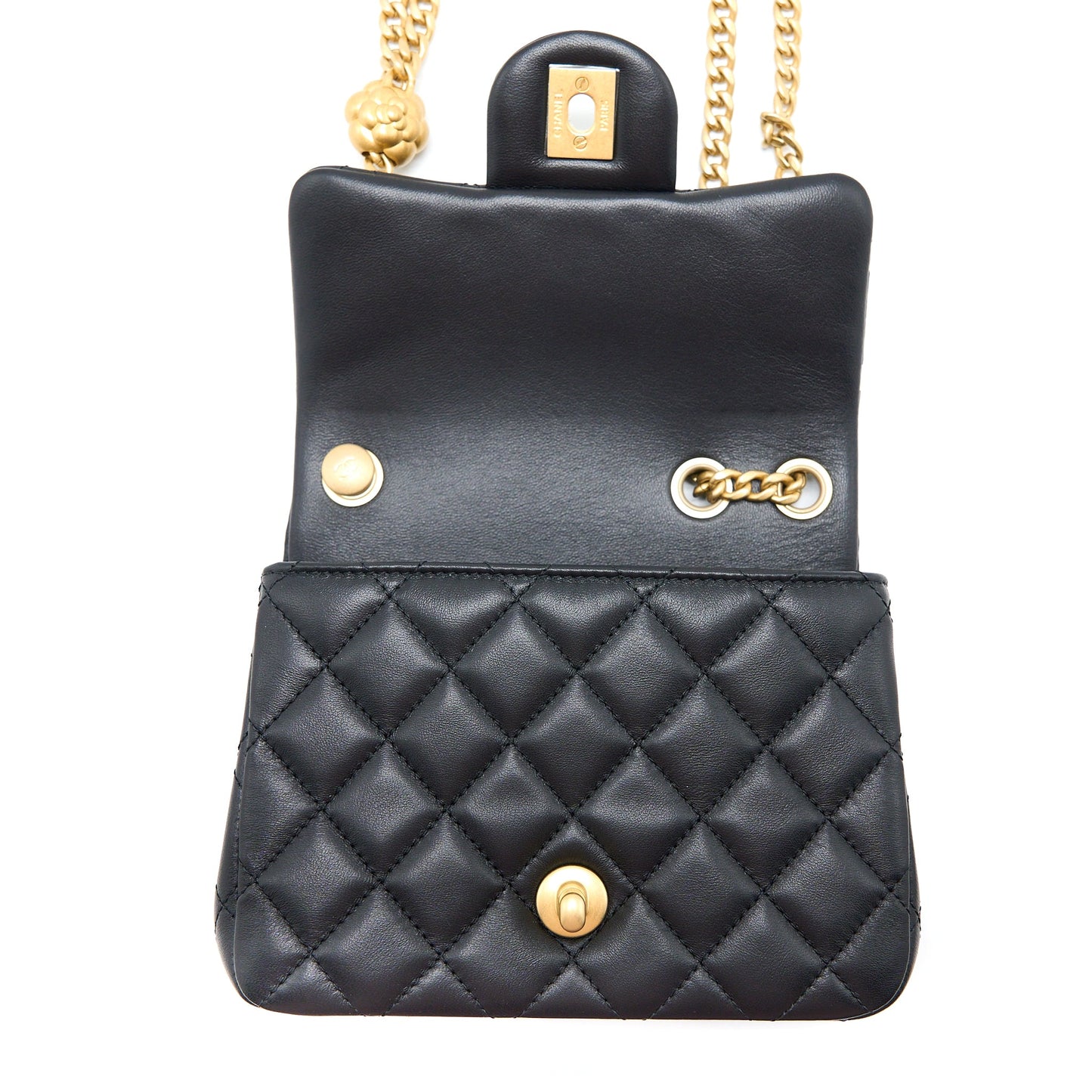 Chanel 23S Camellia Chain Mini Square Flap Bag Lambskin Black Brushed  (Microchip)