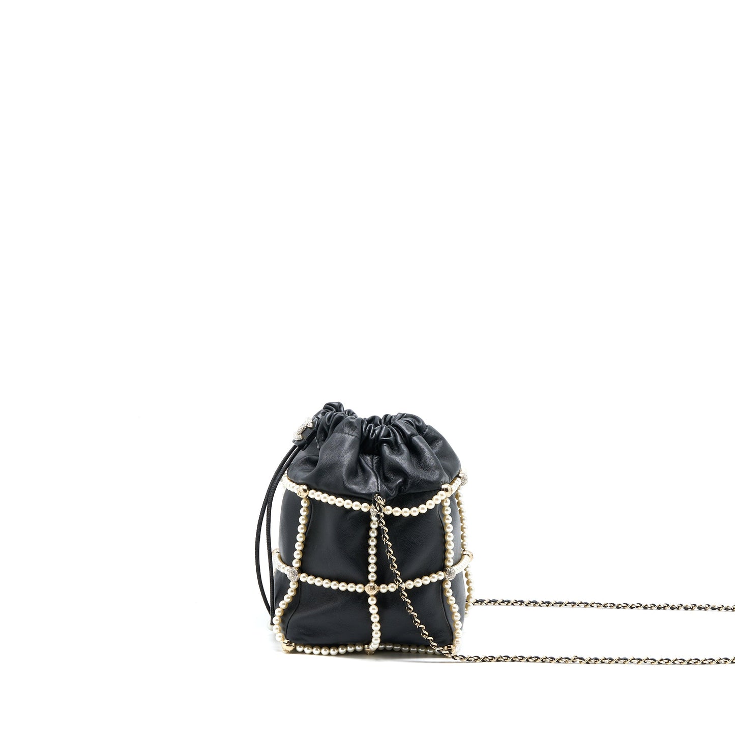 Chanel Bucket Crystal CC Logo Pearl Chain Bag Lambskin Black