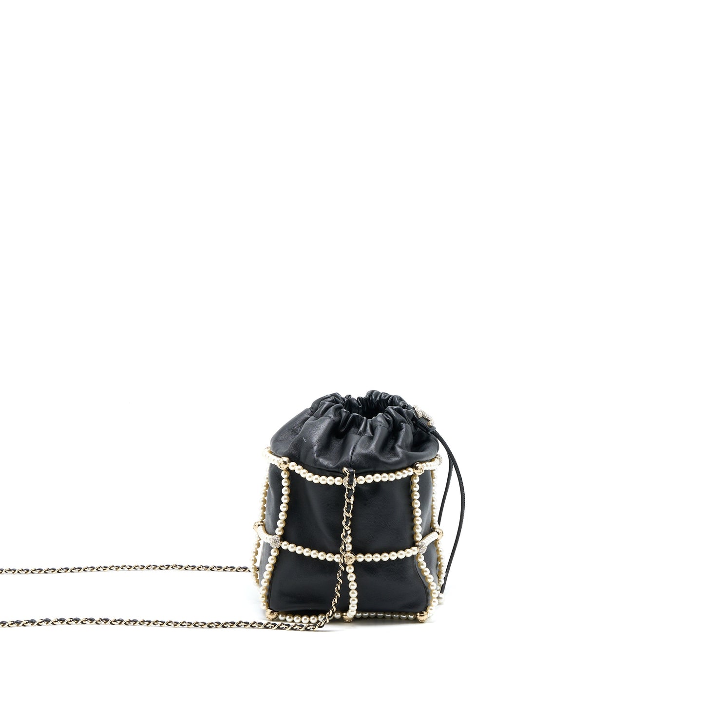 Chanel Bucket Crystal CC Logo Pearl Chain Bag Lambskin Black