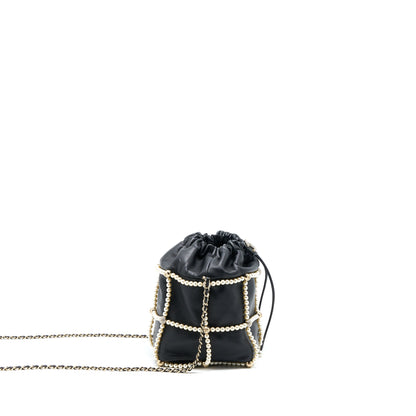 Chanel Bucket Crystal CC Logo Pearl Chain Bag Lambskin Black