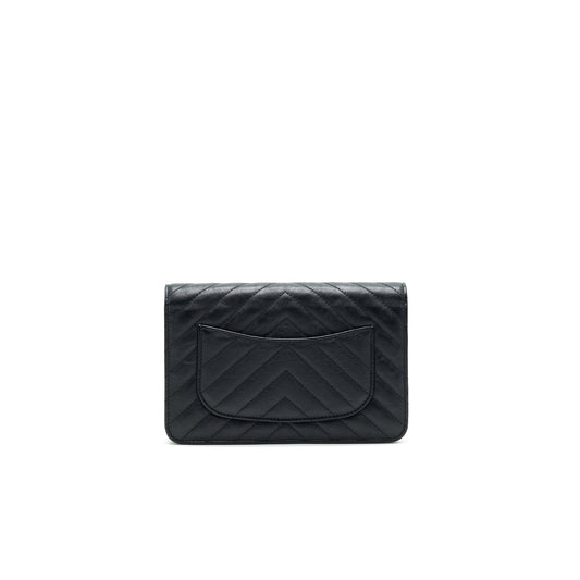 CHANEL CHEVRON WALLET ON CHAIN BLACK  CALFSKIN