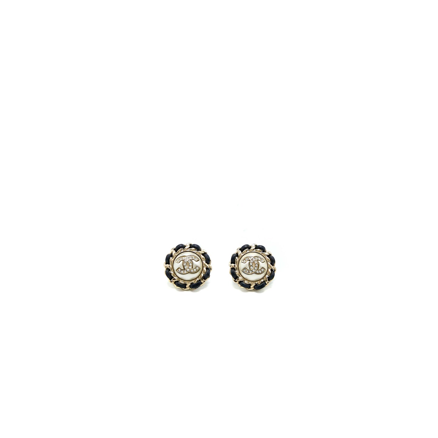 Chanel Round Pearl/Crystal/Leather Chain Earring Light Gold Tone