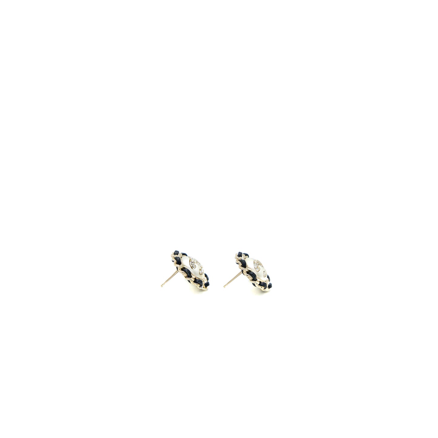 Chanel Round Pearl/Crystal/Leather Chain Earring Light Gold Tone