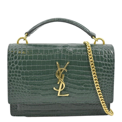 YVES SAINT LAURENT Sunset Crocodile Embossed Leather Crossbody Bag Green