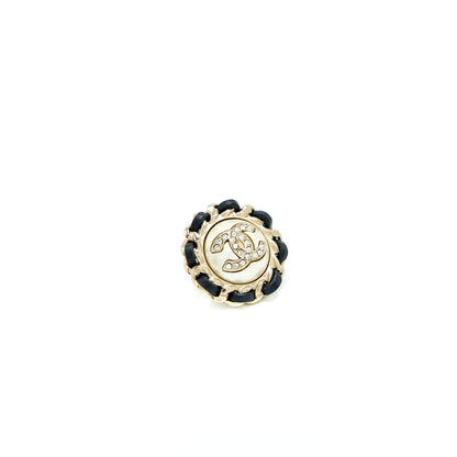 Chanel Round Pearl/Crystal/Leather Chain Earring Light Gold Tone