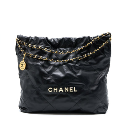 Chanel Medium 22 Bag White Letter Shiny Calfskin Black  (Microchip)