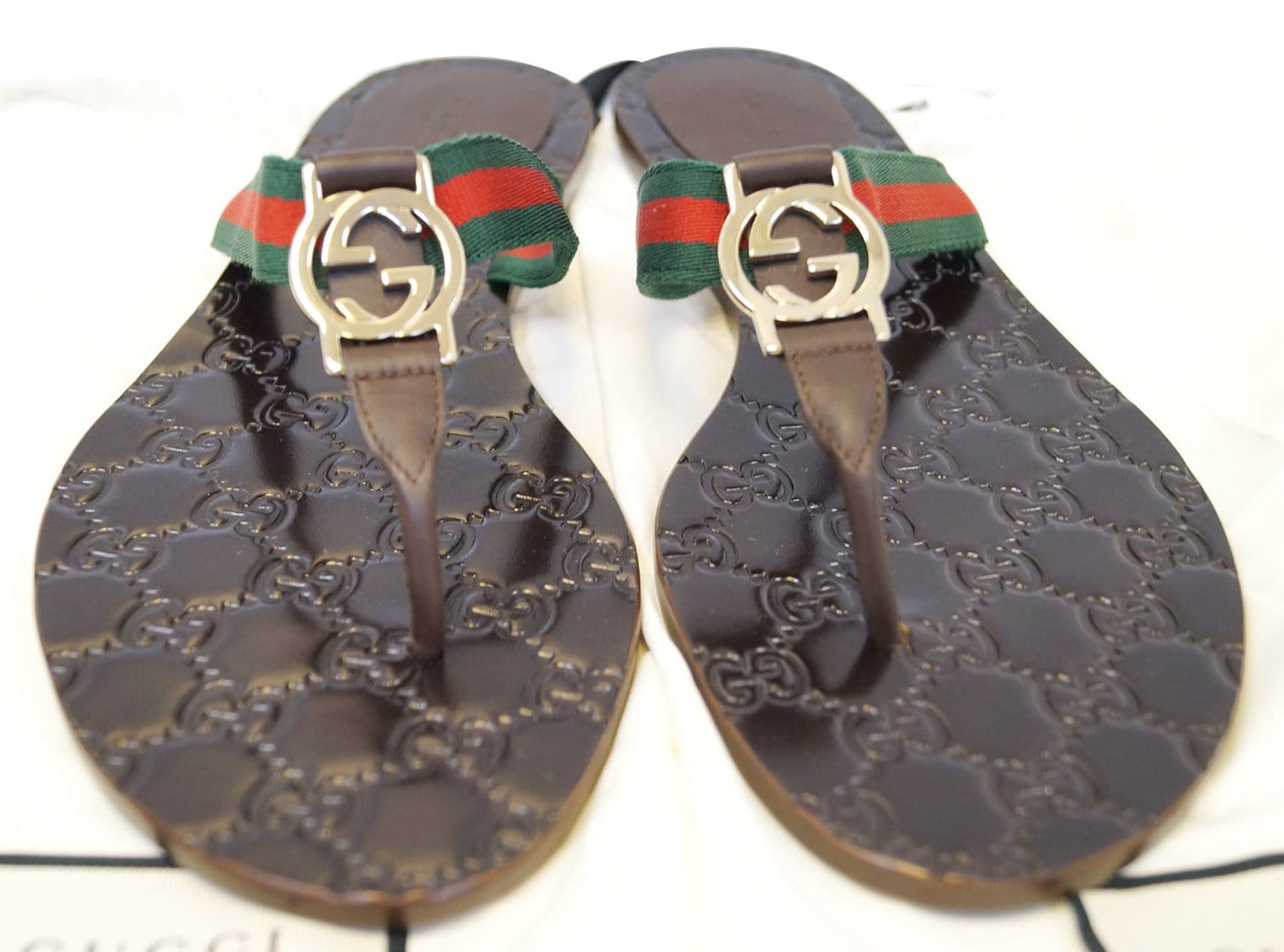 GUCCI Brown GG Thong Web Sandal Size 40.1/2 270374