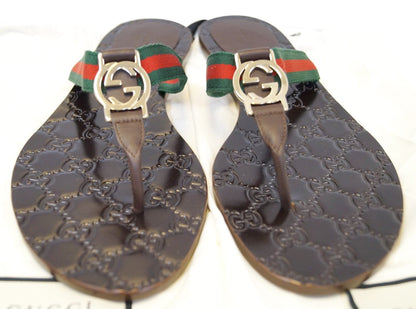 GUCCI Brown GG Thong Web Sandal Size 40.1/2 270374