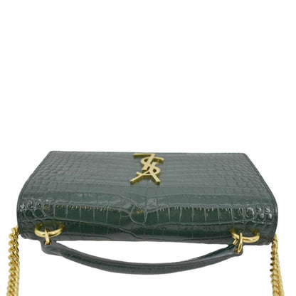 YVES SAINT LAURENT Sunset Crocodile Embossed Leather Crossbody Bag Green