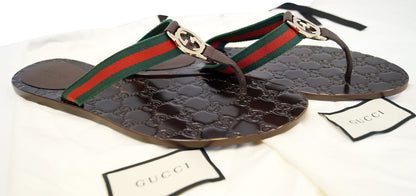 GUCCI Brown GG Thong Web Sandal Size 40.1/2 270374