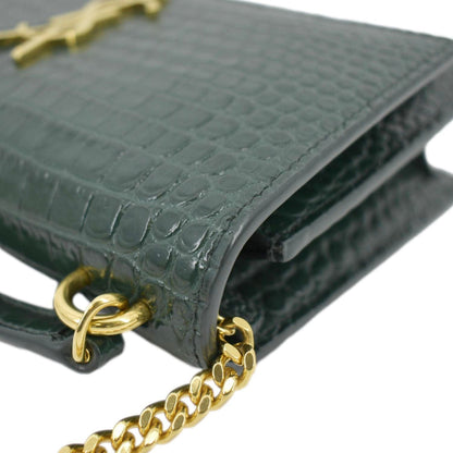 YVES SAINT LAURENT Sunset Crocodile Embossed Leather Crossbody Bag Green