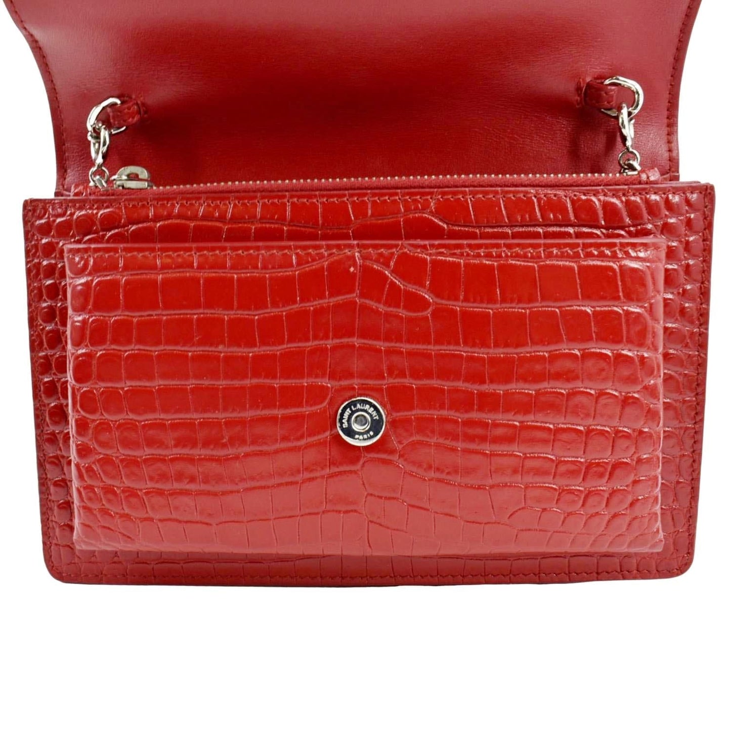 YVES SAINT LAURENT Sunset Crocodile Embossed Leather Crossbody Bag Red
