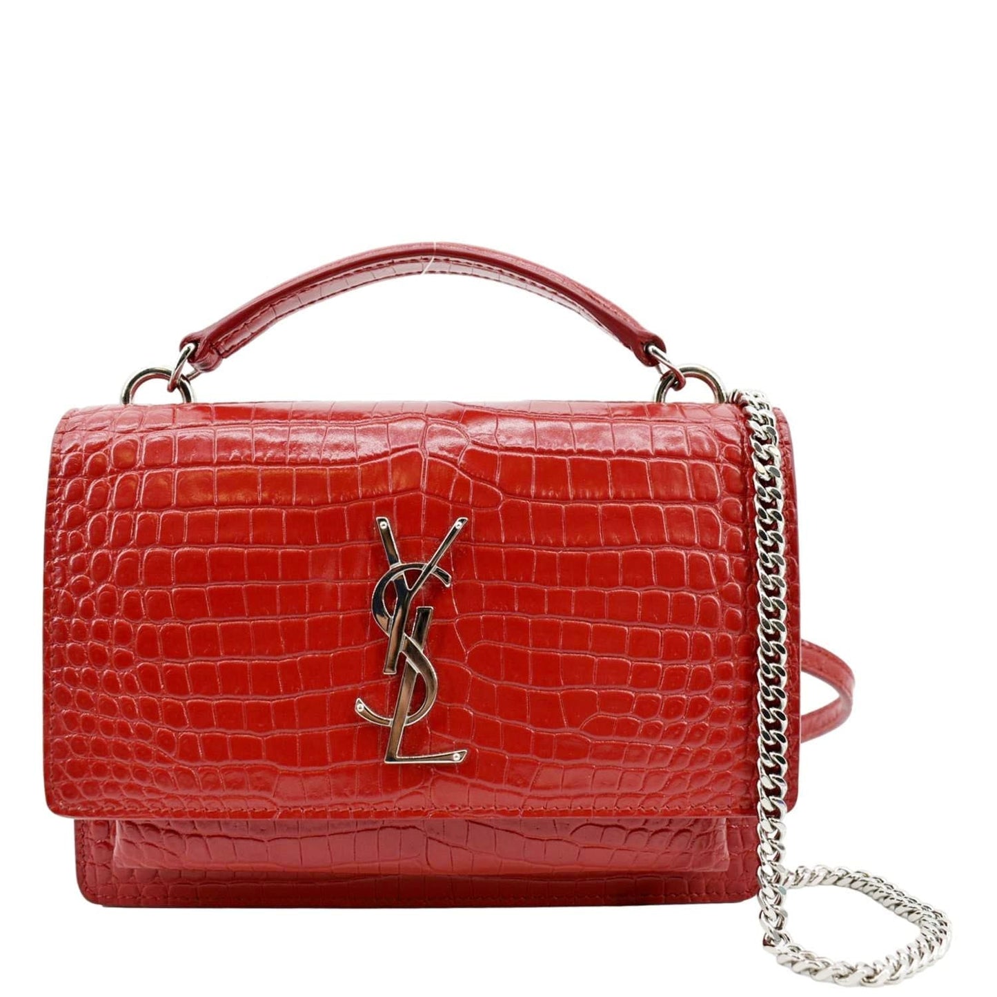 YVES SAINT LAURENT Sunset Crocodile Embossed Leather Crossbody Bag Red