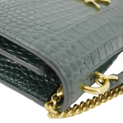 YVES SAINT LAURENT Sunset Crocodile Embossed Leather Crossbody Bag Green