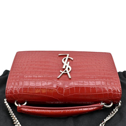 YVES SAINT LAURENT Sunset Crocodile Embossed Leather Crossbody Bag Red