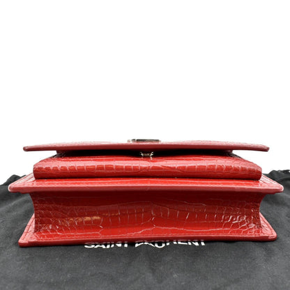 YVES SAINT LAURENT Sunset Crocodile Embossed Leather Crossbody Bag Red