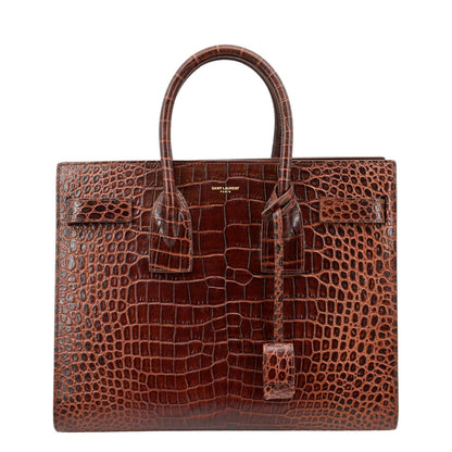 YVES SAINT LAURENT Sac de Jour Embossed Leather Satchel Bag Chocolate Brown