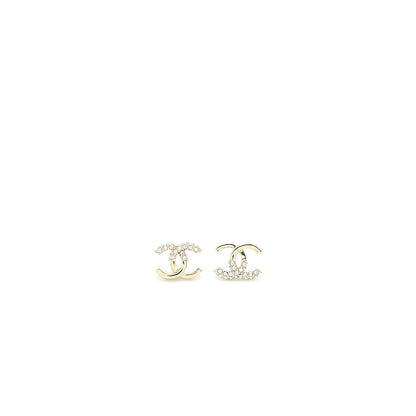 Chanel CC Logo Earrings Crystal Light Gold Tone