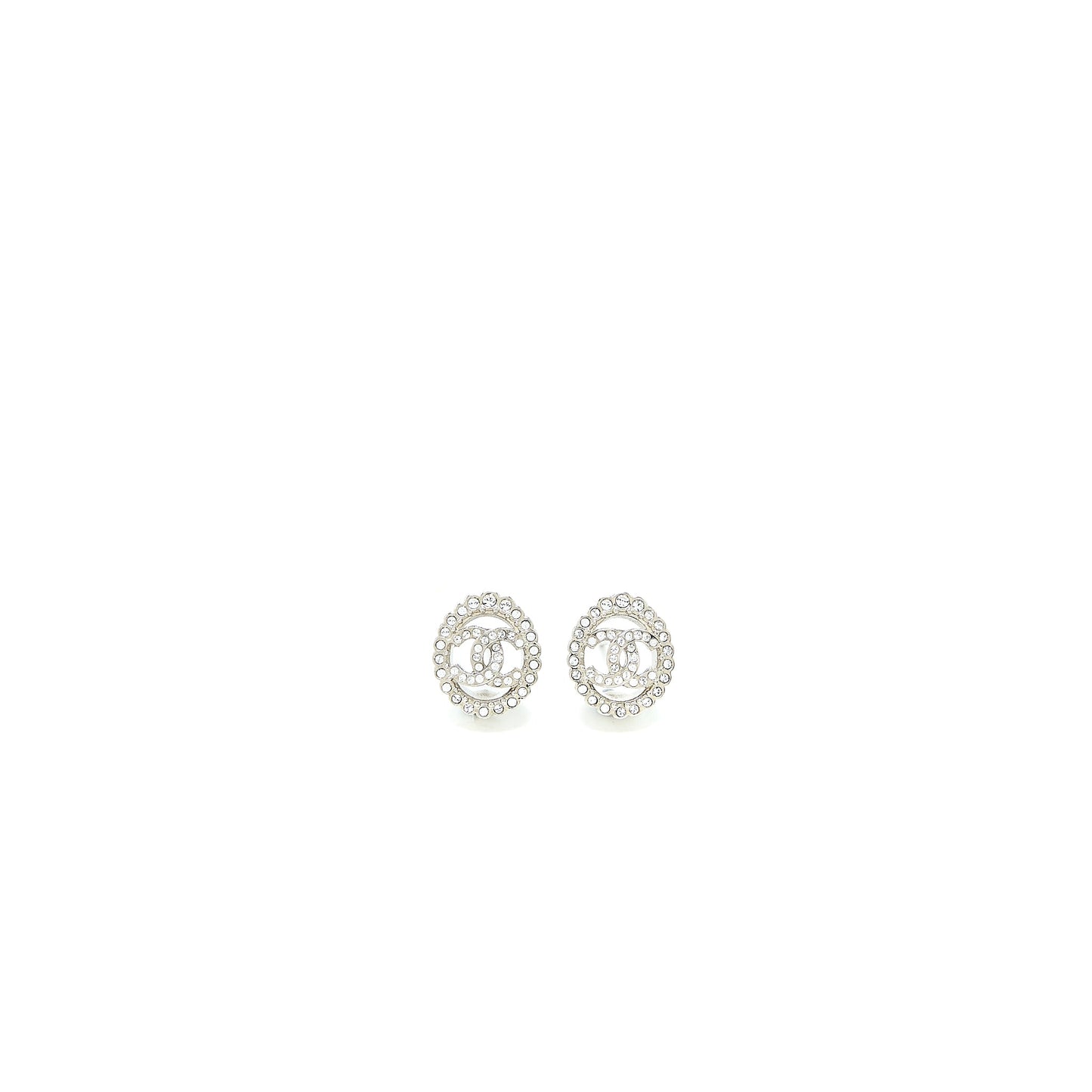 Chanel Round CC Logo Earrings Crystal Silver Tone