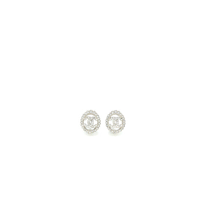 Chanel Round CC Logo Earrings Crystal Silver Tone
