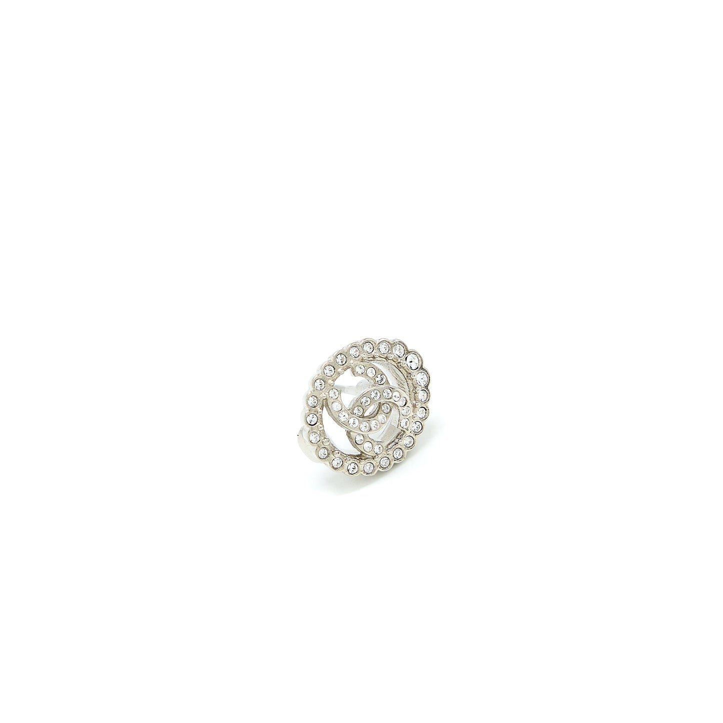 Chanel Round CC Logo Earrings Crystal Silver Tone