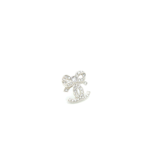 Chanel Bow/CC Logo Earring Crystal Silver Tone