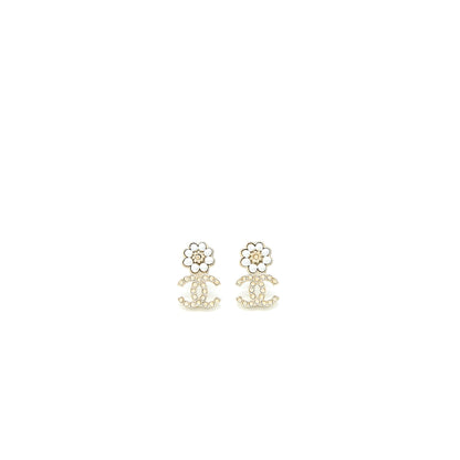 Chanel Camellia CC Logo Earrings Pearl/Crystal Light Gold Tone