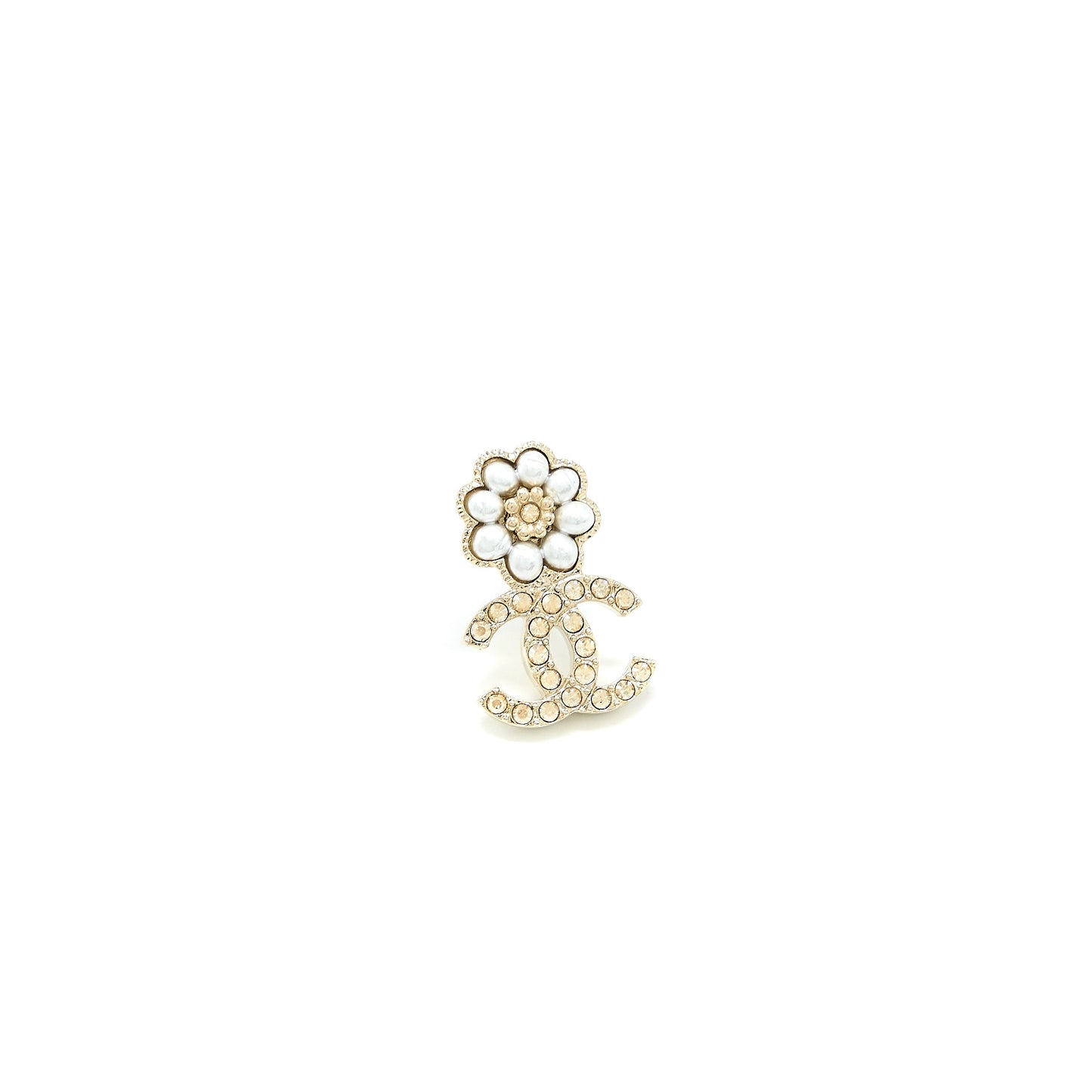 Chanel Camellia CC Logo Earrings Pearl/Crystal Light Gold Tone