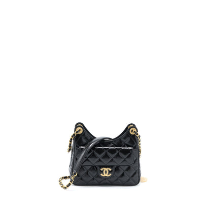 Chanel 23C Small Hobo Bag Shiny Calfskin Black Brushed  (Microchip)