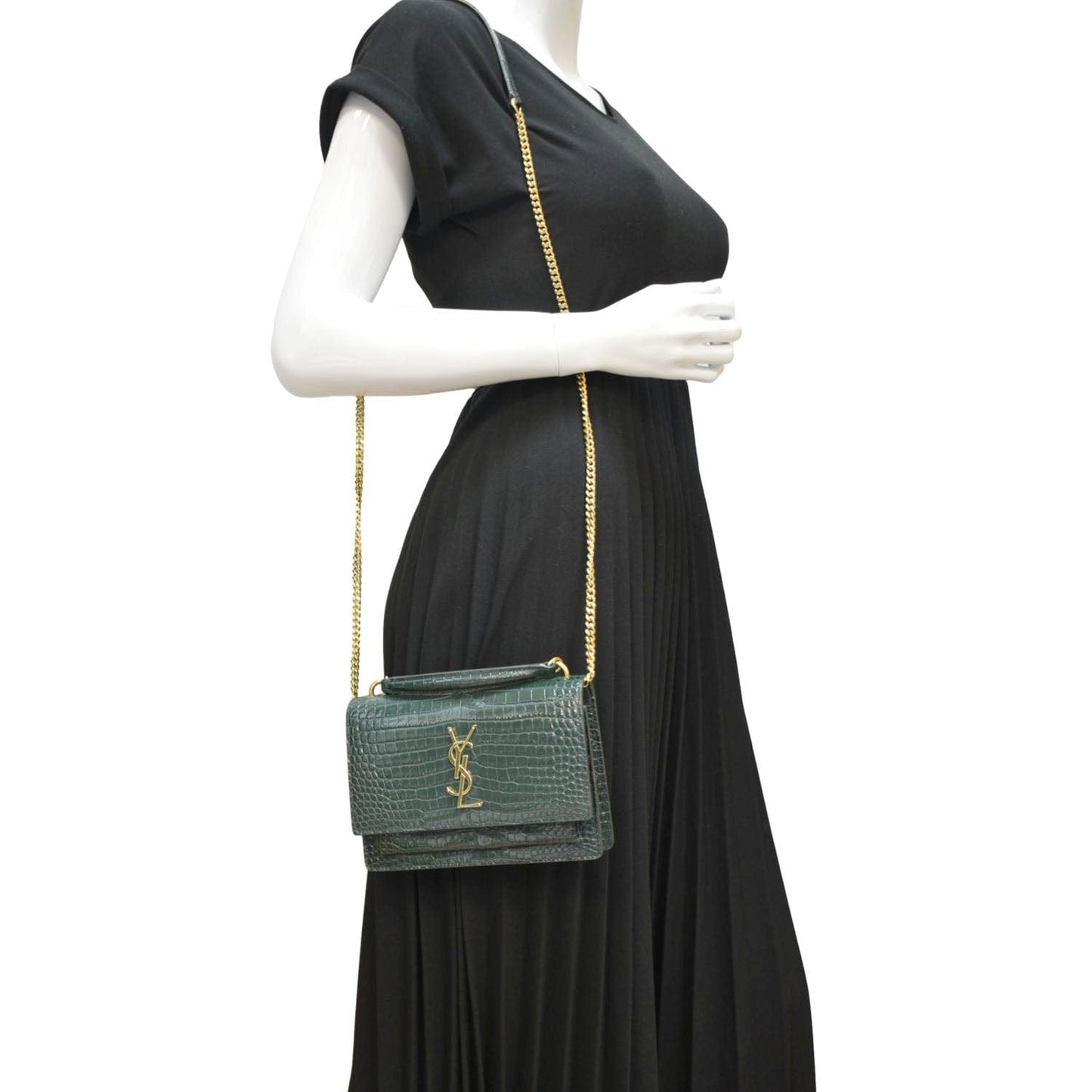 YVES SAINT LAURENT Sunset Crocodile Embossed Leather Crossbody Bag Green