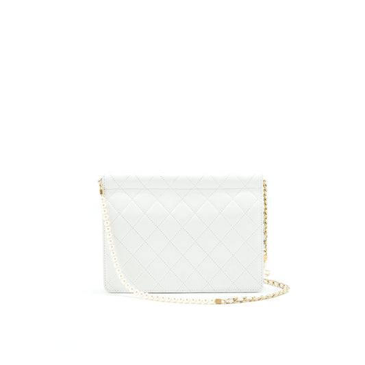 Chanel Quilted Pearl Chain Flap Bag In White